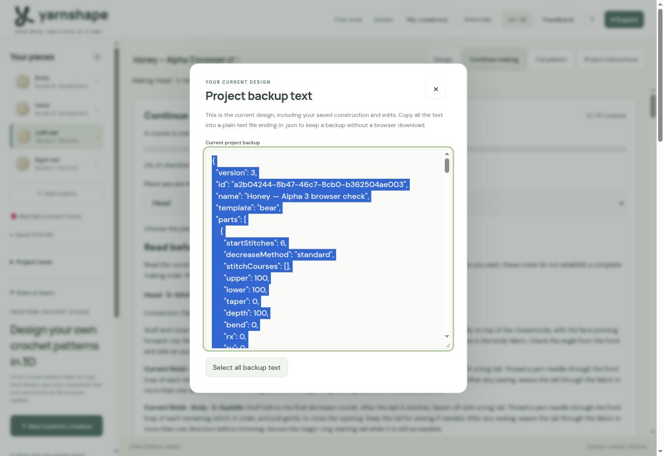 The backup text dialog, with the Select all backup text control.