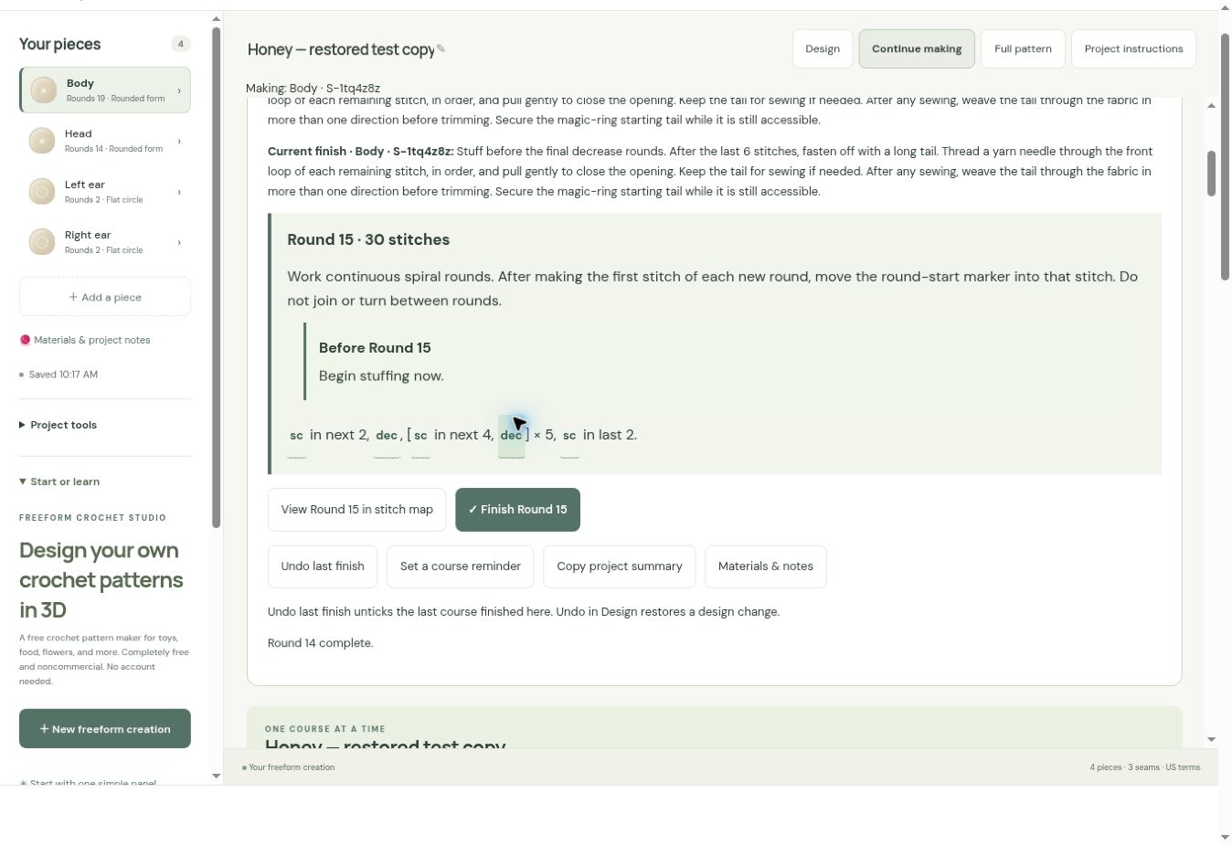 The Body stuffing instruction displayed before Round 15 in Continue making.