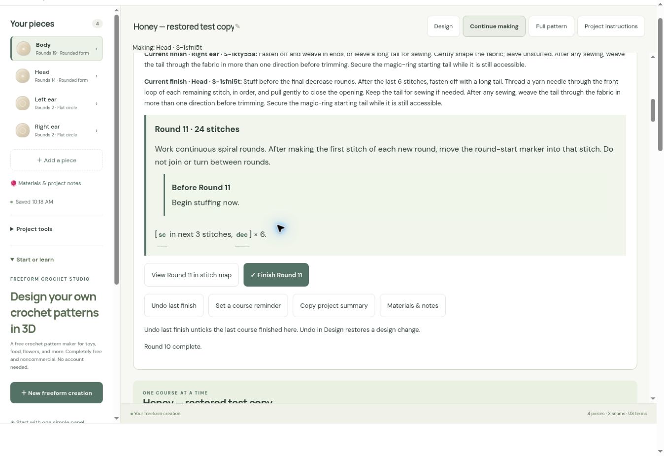 The Head stuffing instruction displayed before Round 11 in Continue making.