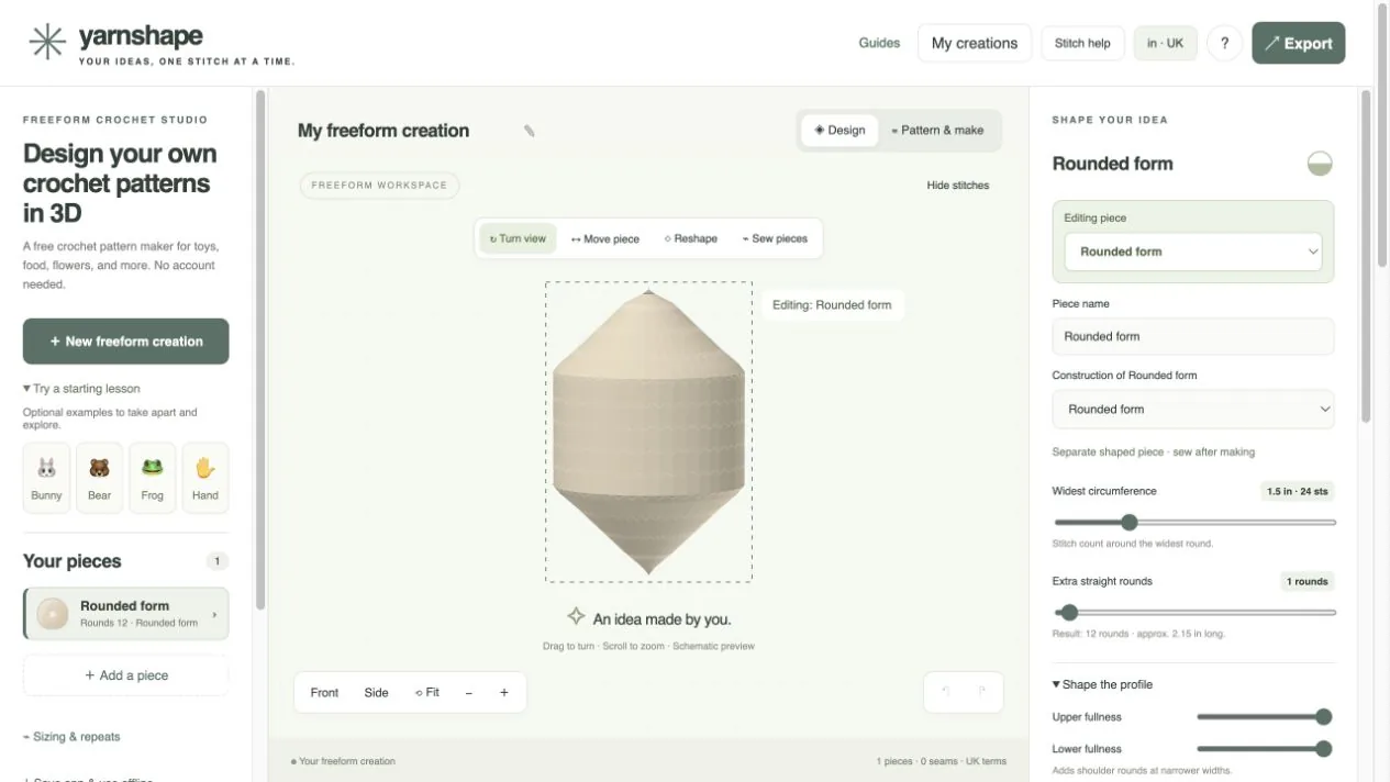 Yarnshape studio showing a rounded-form component, shape settings, and the 3D workspace